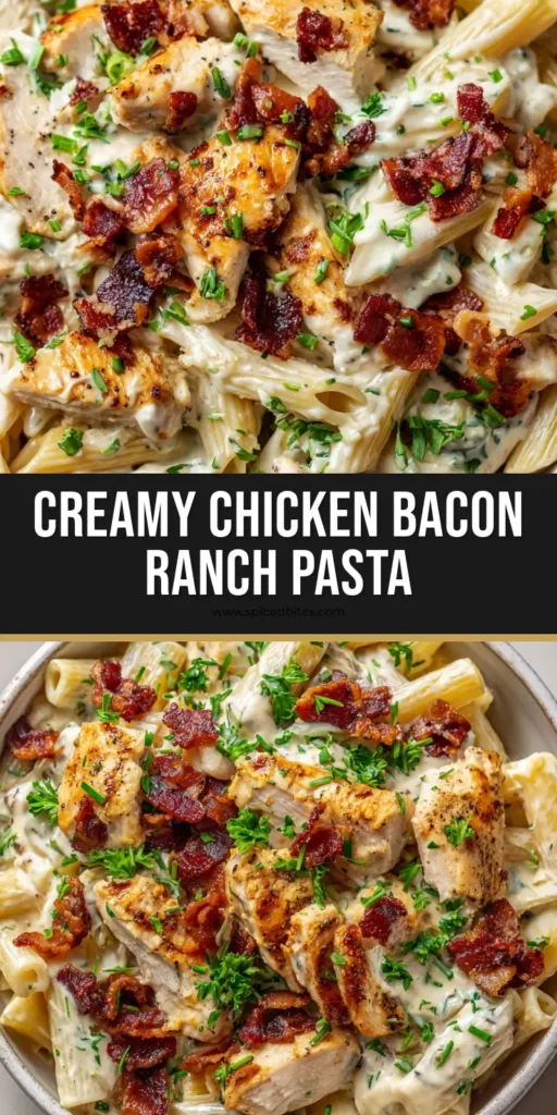 Chicken Bacon Ranch Pasta with Creamy Garlic Ranch Alfredo 4 A shallow rustic bowl of Chicken Bacon Ranch Pasta with penne, golden seared chicken, and dark bacon bits garnished with green chives.