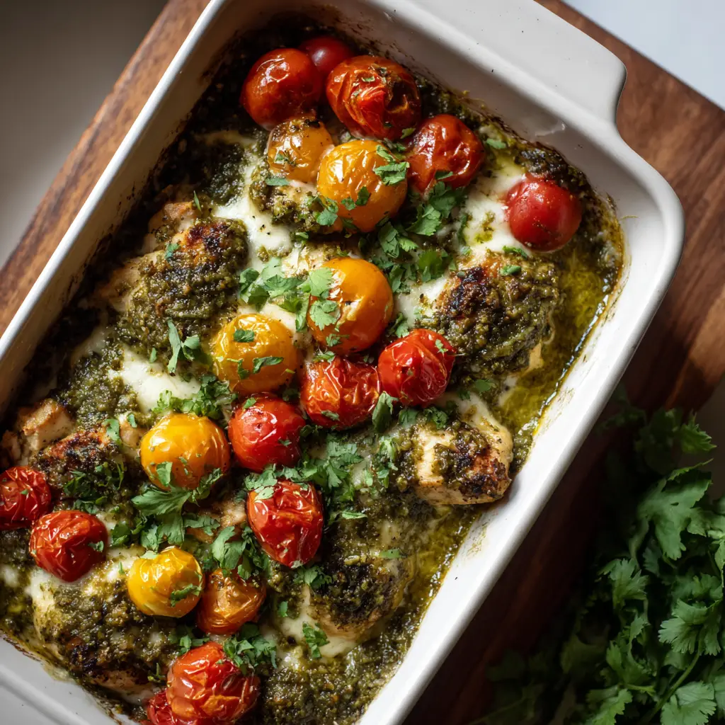 Salsa Verde Chicken Casserole with Blistered Tomatoes and Melted Mozzarella 1 Close-up of seared chicken breast chunks in a thick green salsa verde sauce.