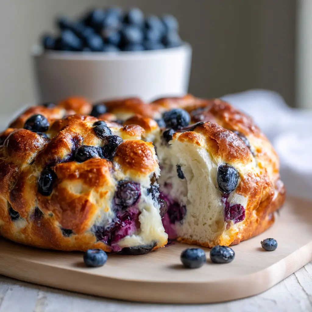 Cottage Cheese Cloud Bread with Fresh Blueberries: A High-Protein, Spongy Masterpiece 1 Torn piece of Cottage Cheese Cloud Bread revealing a soft, airy white interior crumb and embedded blueberries.