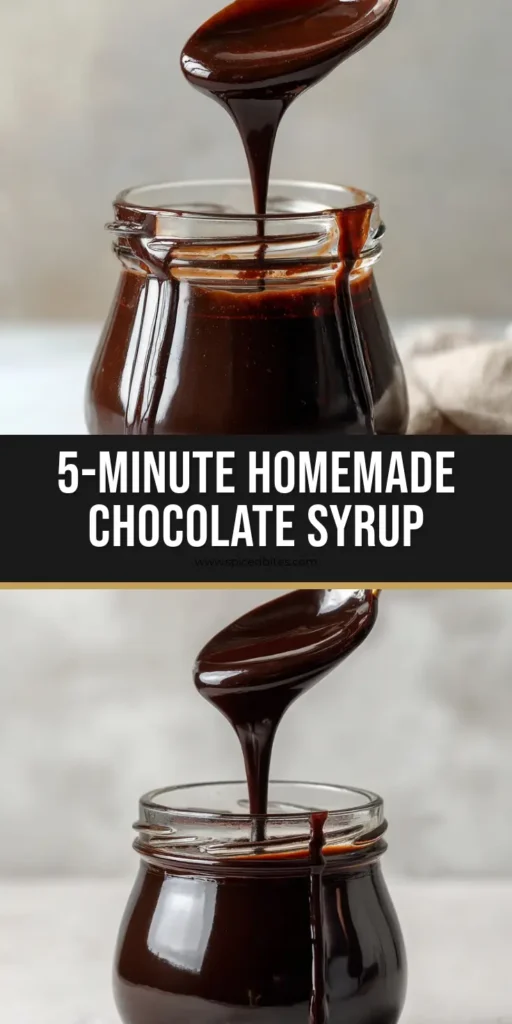 A close-up of thick, dark Homemade Chocolate Syrup being poured into a jar, creating a beautiful ribbon texture.