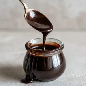 Glossy Homemade Chocolate Syrup falling from a silver spoon into a clear glass jar.