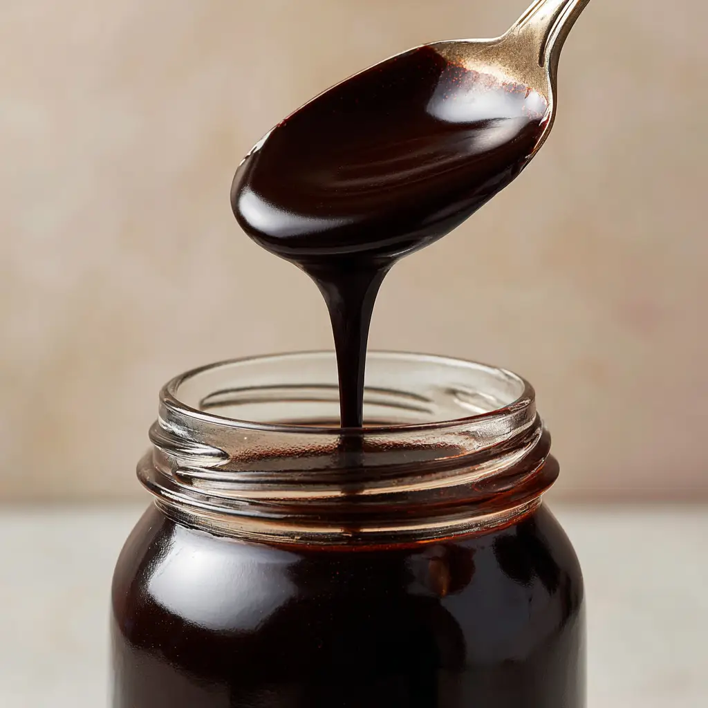 Close-up of the smooth, pourable texture of Homemade Chocolate Syrup with drips on the glass rim.