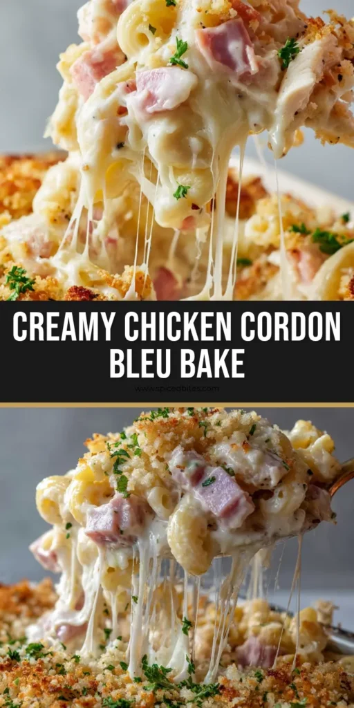 Chicken Cordon Bleu Casserole with Creamy Swiss Sauce and Toasted Crumbs 4 A close-up of a fork lifting a cheesy scoop of Chicken Cordon Bleu Casserole with toasted breadcrumbs and parsley.