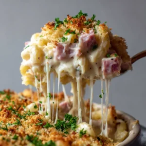 Chicken Cordon Bleu Casserole with Creamy Swiss Sauce and Toasted Crumbs 3 Extreme close-up of a cheesy fork pull from a Chicken Cordon Bleu Casserole showing ham, chicken, and macaroni.