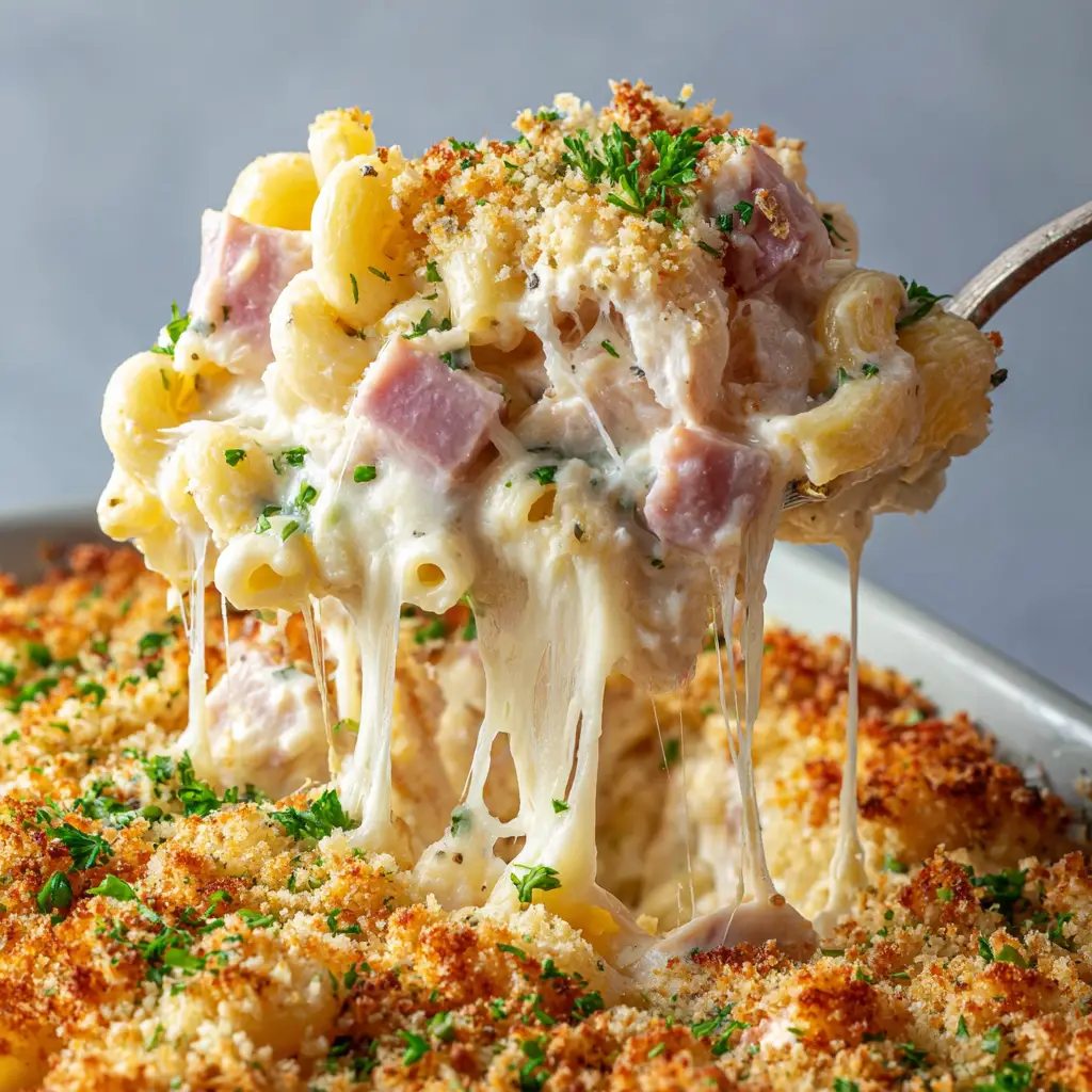 Chicken Cordon Bleu Casserole with Creamy Swiss Sauce and Toasted Crumbs 1 Overhead close-up of golden brown breadcrumbs and fresh parsley on top of Chicken Cordon Bleu Casserole.
