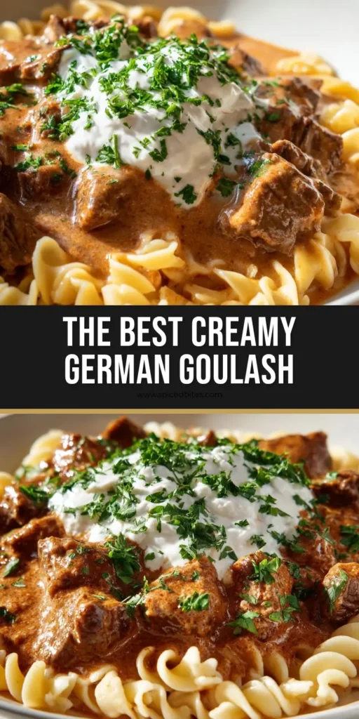 Rahmgulasch: The Ultimate Creamy German Beef Goulash with Egg Noodles 4 A close-up vertical shot of Rahmgulasch served in a white bowl over egg noodles, topped with sour cream and parsley.