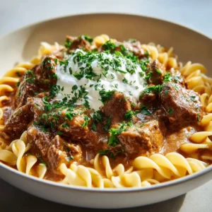 Rahmgulasch: The Ultimate Creamy German Beef Goulash with Egg Noodles 3 Eye-level shot of Rahmgulasch beef chunks in light-brown paprika sauce next to twisted egg noodles. (Rahmgulasch)