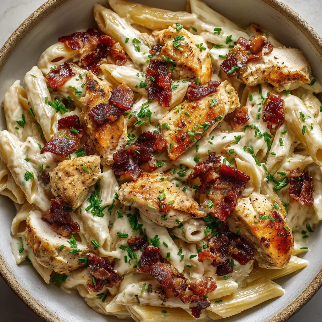 Chicken Bacon Ranch Pasta with Creamy Garlic Ranch Alfredo 1 Close-up of crispy dark reddish-brown bacon bits and fresh green herbs on top of Chicken Bacon Ranch Pasta.