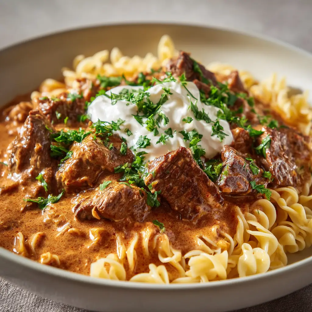 Rahmgulasch: The Ultimate Creamy German Beef Goulash with Egg Noodles 1 Handheld smartphone style photo of creamy German Rahmgulasch with heavy parsley garnish and a sour cream dollop.