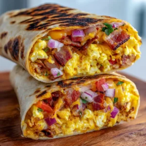 Close-up diagonal cross-section of a breakfast burrito revealing internal layers of eggs, bacon, and cheese. (Breakfast Burrito Recipe)