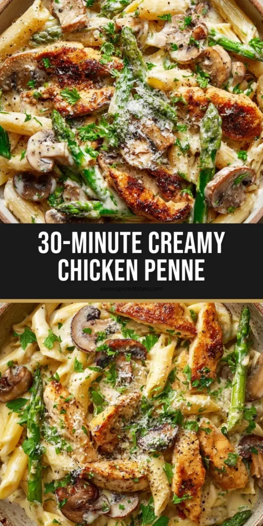 Creamy Chicken Penne with Caramelized Mushrooms and Asparagus 4 A close-up overhead shot of Creamy Chicken Penne in a rustic bowl with golden chicken and green asparagus.