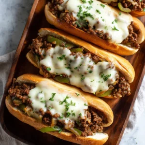 Close-up of three Ground Beef Philly Cheesesteak sandwiches with glossy melted cheese and diced green peppers.