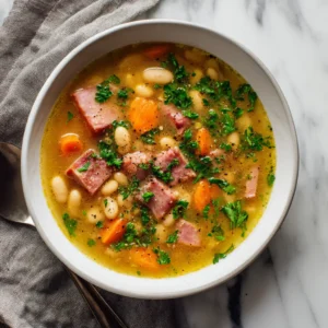 Close-up of Slow Cooker Ham and Bean Soup showing the pink centers of the ham and vibrant orange carrots in a golden-yellow broth.
