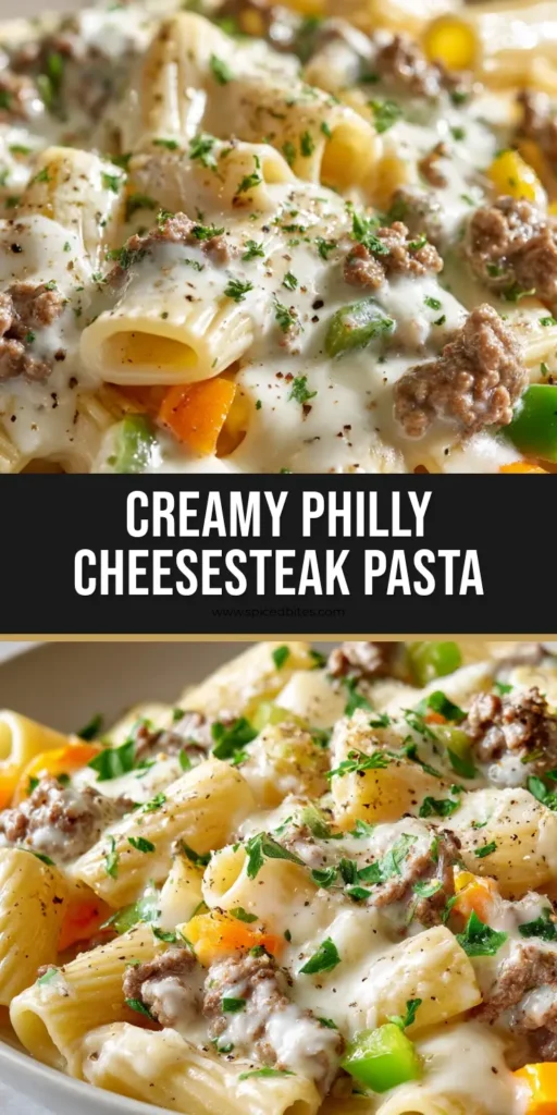 Philly Cheesesteak Pasta with Creamy Provolone and Rigatoni 4 A close-up vertical shot of Philly Cheesesteak Pasta with rigatoni, ground beef crumbles, and melted provolone cheese.