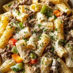 Philly Cheesesteak Pasta with Creamy Provolone and Rigatoni 3 Macro photo of Philly Cheesesteak Pasta showing glossy cheese sauce and browned ground beef crumbles on rigatoni.