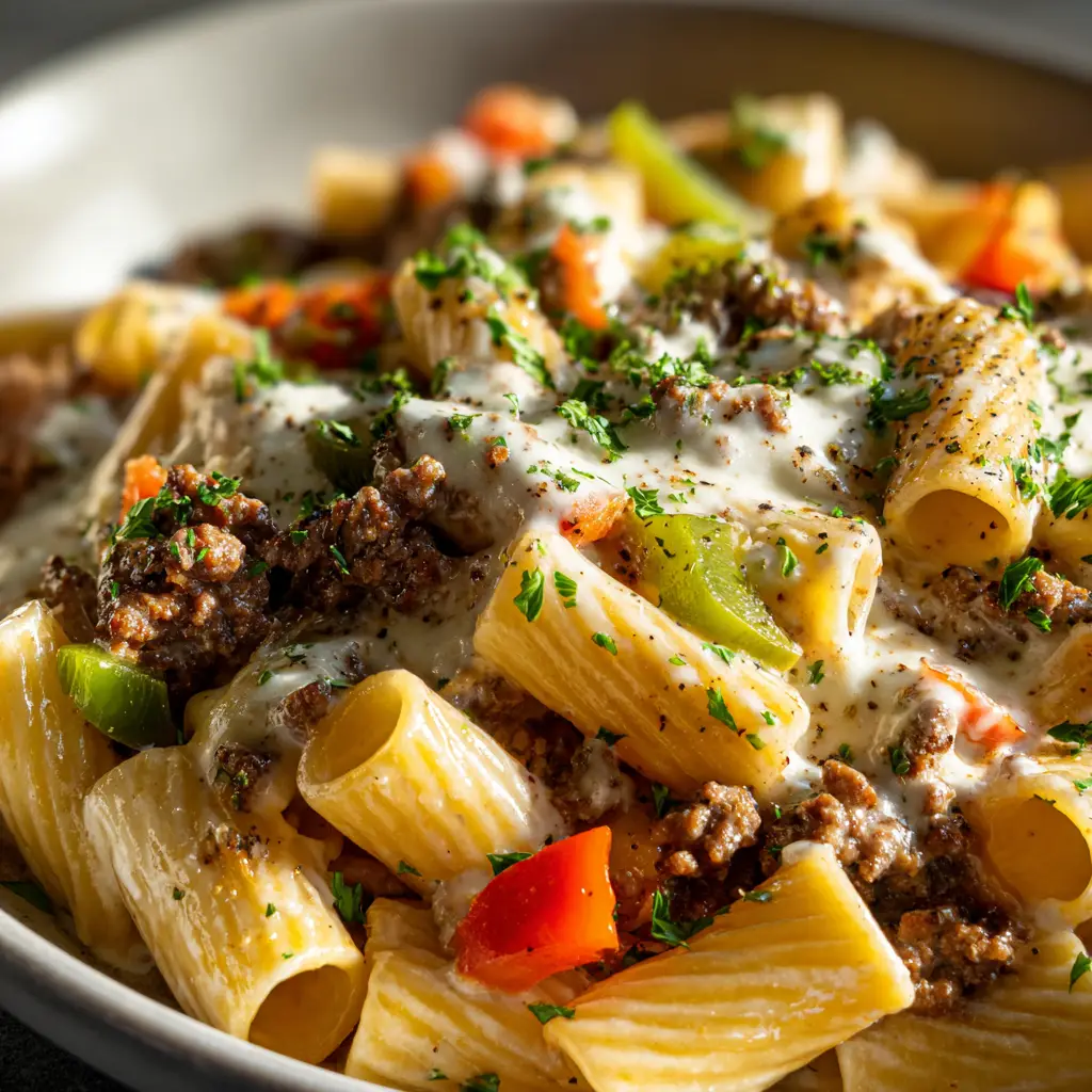 Philly Cheesesteak Pasta with Creamy Provolone and Rigatoni 1 Top view of Philly Cheesesteak Pasta garnished with fresh parsley and coarse black pepper with melted cheese pockets.