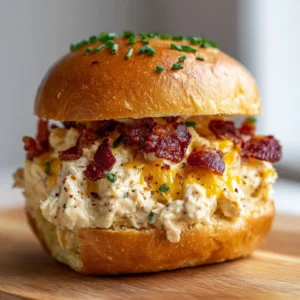 Close up of a Crack Chicken Sandwich with overflowing creamy chicken and melted sharp cheddar.