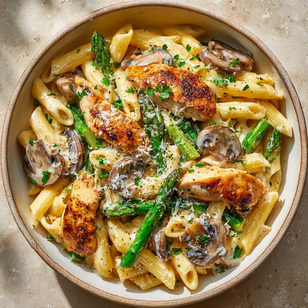Creamy Chicken Penne with Caramelized Mushrooms and Asparagus 1 Close up of caramelized mushrooms and bright green asparagus in Creamy Chicken Penne.