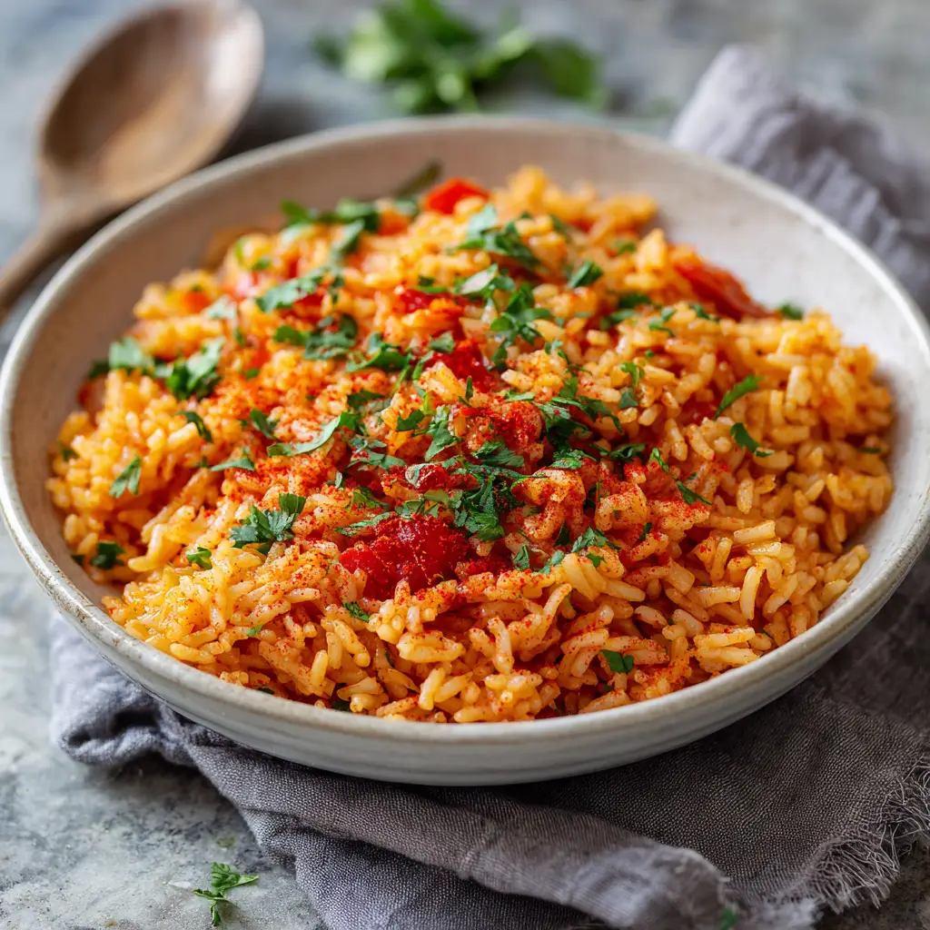 Spanish Rice Recipe: How to Make Perfectly Fluffy Restaurant-Style Grains 1 Spanish rice served in a white bowl on a marble countertop with a linen napkin. (Spanish Rice Recipe)