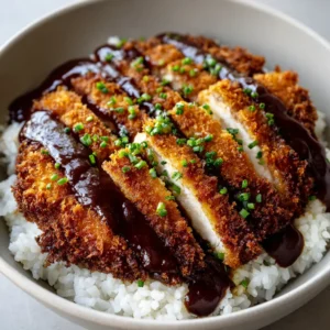 Close-up of a Japanese Katsu Bowl showing the rough, crunchy texture of the golden-brown breaded pork and the dark glossy sauce drizzle. (Japanese Katsu Bowls)