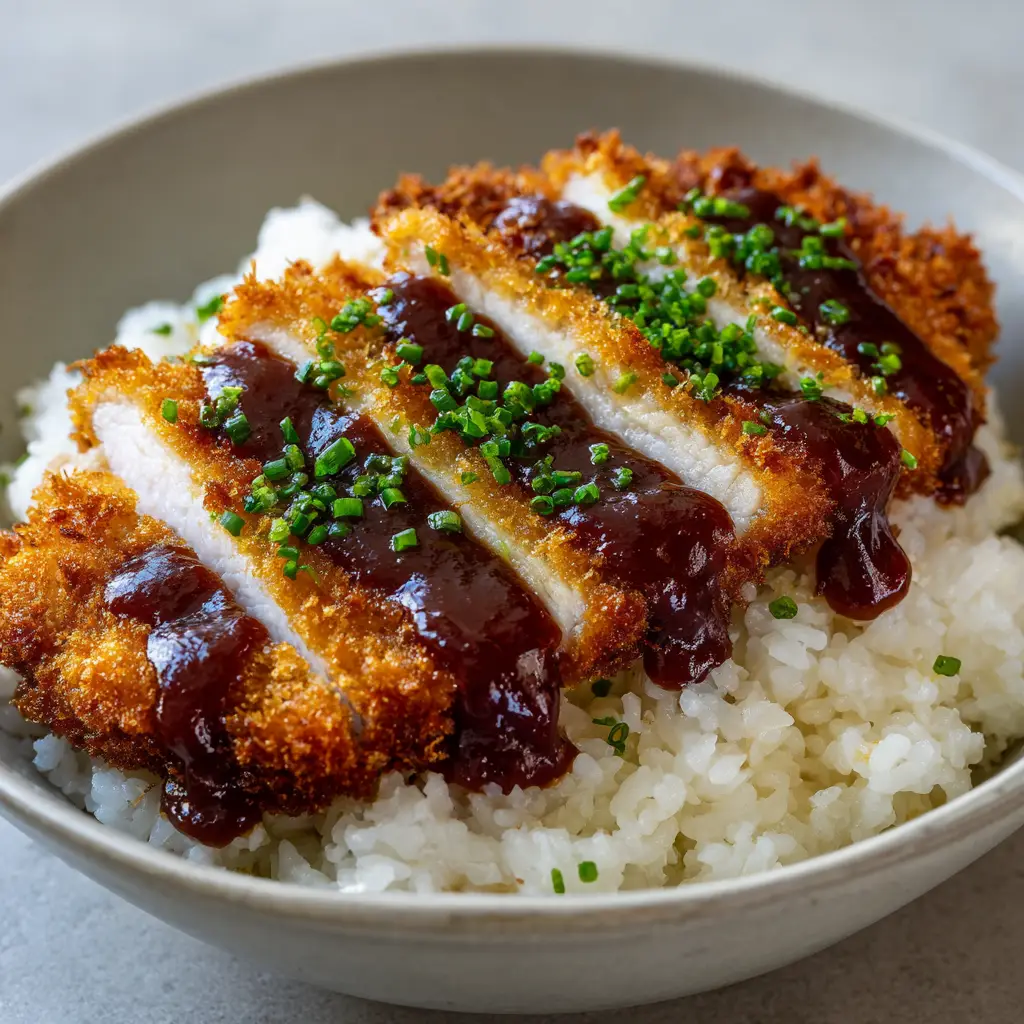 Japanese Katsu Bowls: The Secret to Achieving the Perfect Golden Crunch 1 Extreme close-up of sliced pork cutlet in Japanese Katsu Bowls revealing the tender white meat inside a thick crunchy coating.