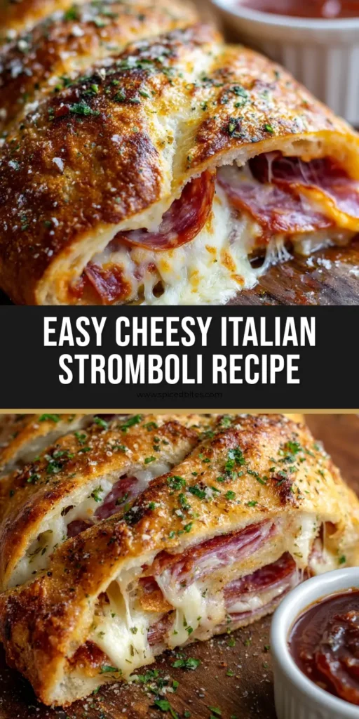 A close-up of a sliced Italian Stromboli showing melted mozzarella and charred pepperoni on a wooden board. (Italian Stromboli Recipe)