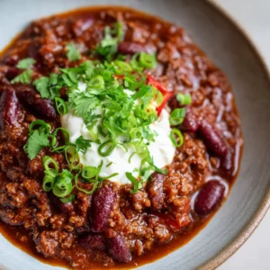 Close-up top-down view of Slow Cooker Texas Style Chili in a grey bowl with kidney beans and chunky beef.
