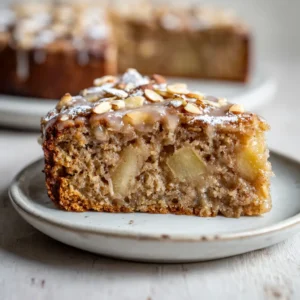 Healthy Oatmeal Apple Cake: A Moist and Rustic Autumn Masterpiece 3 A single slice of Healthy Oatmeal Apple Cake on a white plate showing a moist crumb and apple chunks.