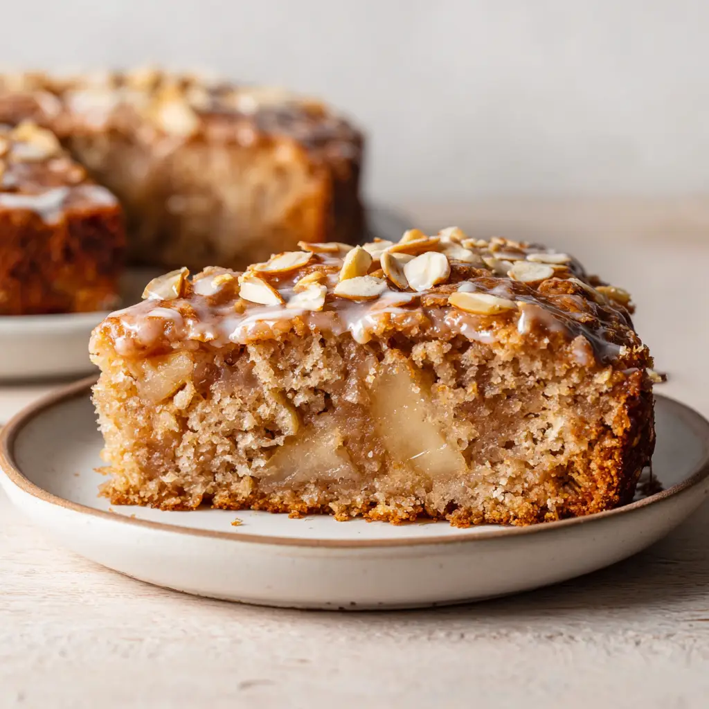 Healthy Oatmeal Apple Cake: A Moist and Rustic Autumn Masterpiece 1 Top view of a Healthy Oatmeal Apple Cake with toasted slivered almonds and powdered sugar.