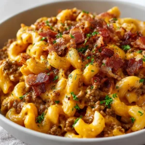 Eye-level close up of creamy Bacon Cheeseburger Pasta with vibrant orange cheddar sauce and seasoned beef crumbles.