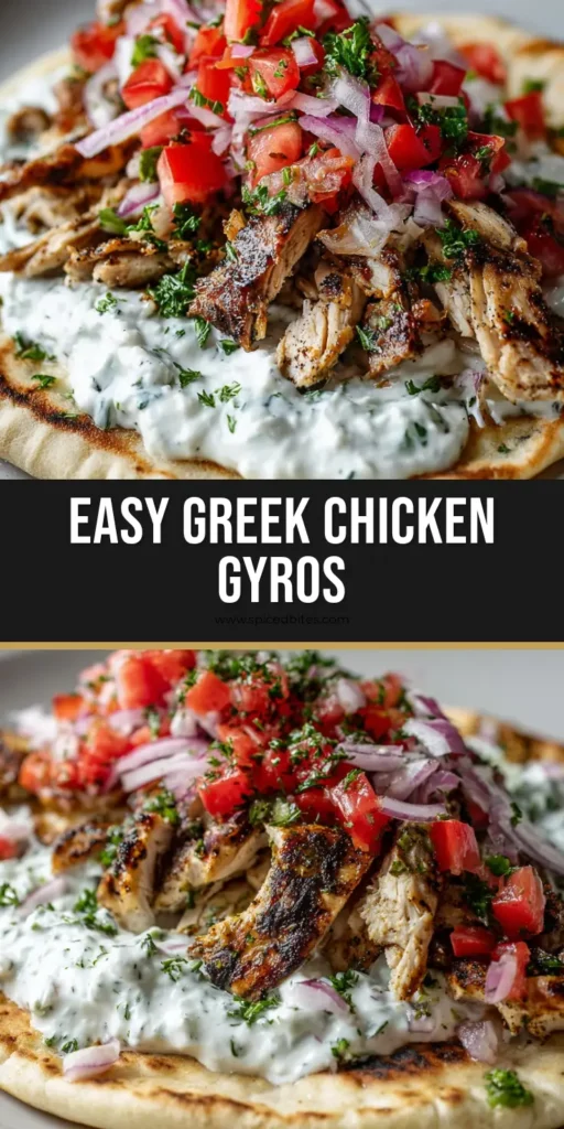 Greek Chicken Gyros with Zesty Homemade Tzatziki Sauce 4 A close-up of a Greek Chicken Gyro with charred herb chicken, thick tzatziki, and fresh vegetables on a soft flatbread.