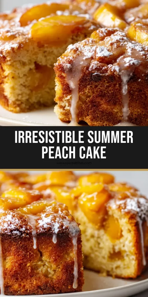 Peach Cake: The Ultimate Rustic Moist Peach Cake with a Sweet Glaze 4 A rustic golden-brown Peach Cake on a white plate, featuring thick baked peach slices on top and a glistening glaze with a dusting of powdered sugar.