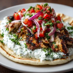Greek Chicken Gyros with Zesty Homemade Tzatziki Sauce 3 Eye-level shot of a Greek Chicken Gyro showing glistening chicken strips with dark char marks and creamy tzatziki sauce.