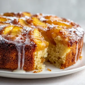 Peach Cake: The Ultimate Rustic Moist Peach Cake with a Sweet Glaze 3 A close-up of a Peach Cake with a bite taken out, showing the moist yellow fluffy crumb and soft baked peach chunks inside.
