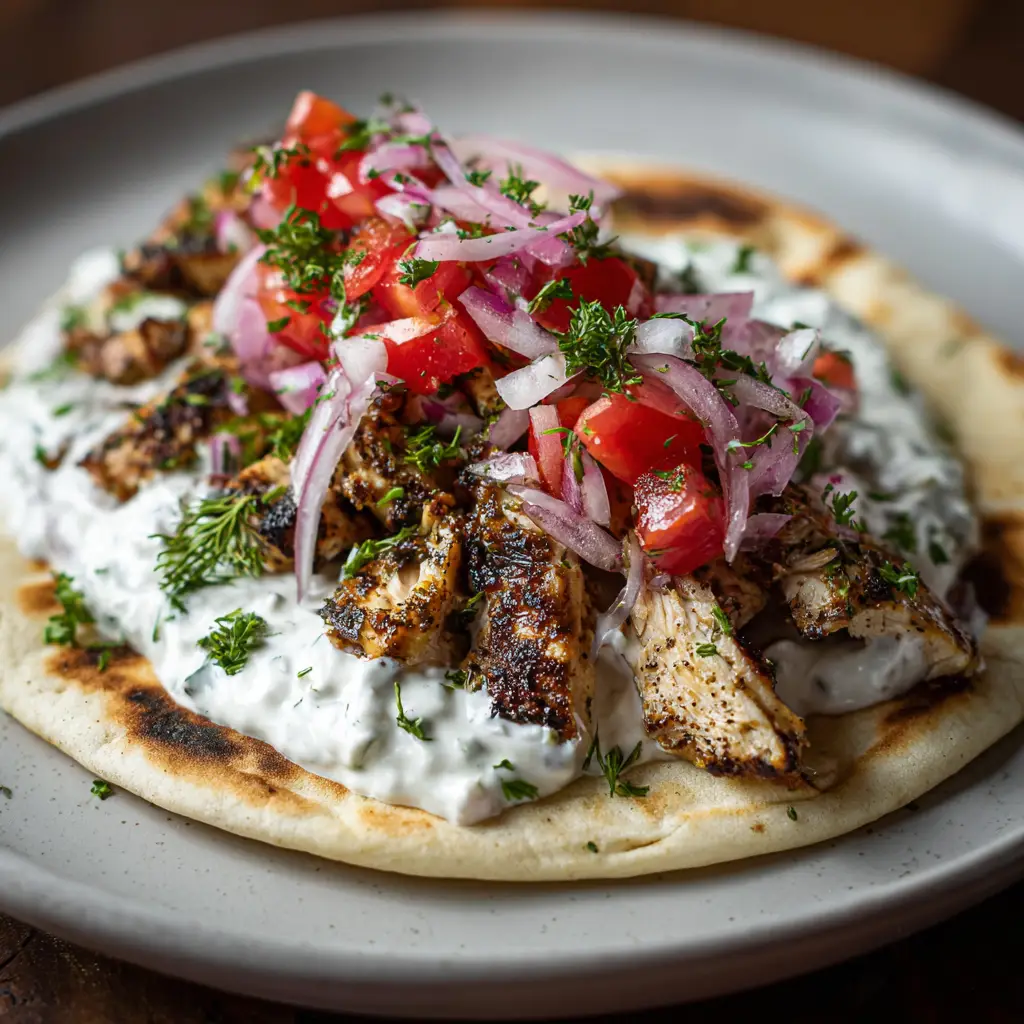 Greek Chicken Gyros with Zesty Homemade Tzatziki Sauce 1 Greek Chicken Gyro on a white plate featuring diced tomatoes and thinly sliced red onions garnished with parsley.
