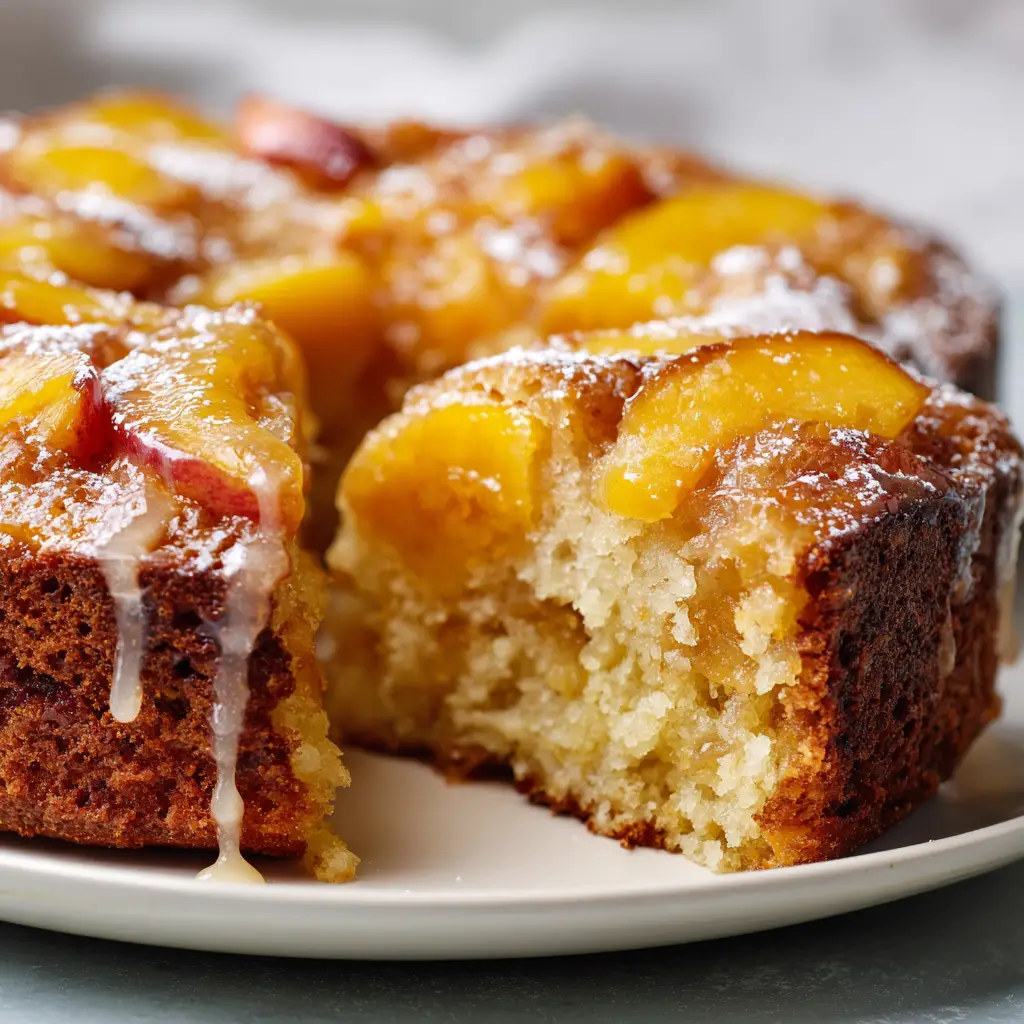 Peach Cake: The Ultimate Rustic Moist Peach Cake with a Sweet Glaze 1 Top view of a Peach Cake showing thick-sliced baked peaches and a clear glaze dripping down the golden sides.