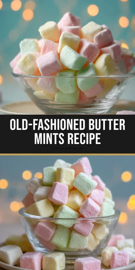 Butter Mints Recipe: The Ultimate Creamy Melt-in-Your-Mouth Candy 4 A close-up of a small glass bowl overfilled with pastel pink, yellow-green, and off-white cube-shaped butter mints. (Butter Mints Recipe)