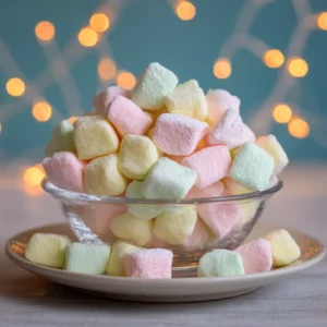 Cube-shaped butter mints in pastel pink, green, and white piled in a glass bowl on a neutral plate. (Butter Mints Recipe)