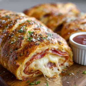 Freshly baked Italian stromboli with golden blistered crust and herb seasoning. (Italian Stromboli Recipe)