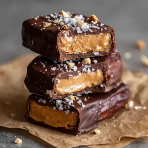 Date Snickers: The Ultimate 5-Ingredient Healthy Candy Bar Hack 3 A stack of three Date Snickers showing the glossy dark chocolate exterior and salt crystals. (Date Snickers)