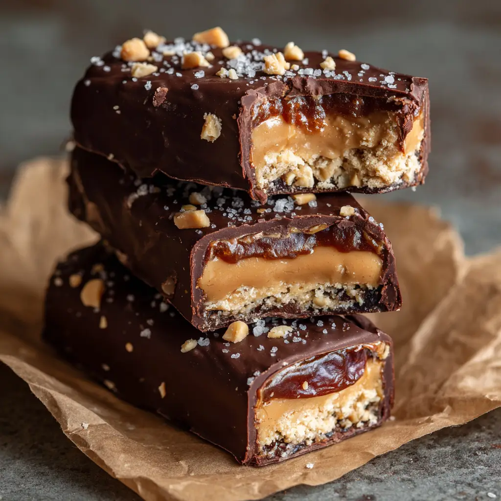 Date Snickers: The Ultimate 5-Ingredient Healthy Candy Bar Hack 1 A cross-section of a Date Snickers revealing the creamy peanut butter and dark chocolate layers.
