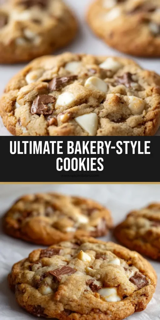 Bakery-Style Chocolate Chip Cookies with Milk and White Chocolate Chunks 5 Three thick, rustic bakery-style chocolate chip cookies with visible milk chocolate chunks and white chips on white parchment paper.