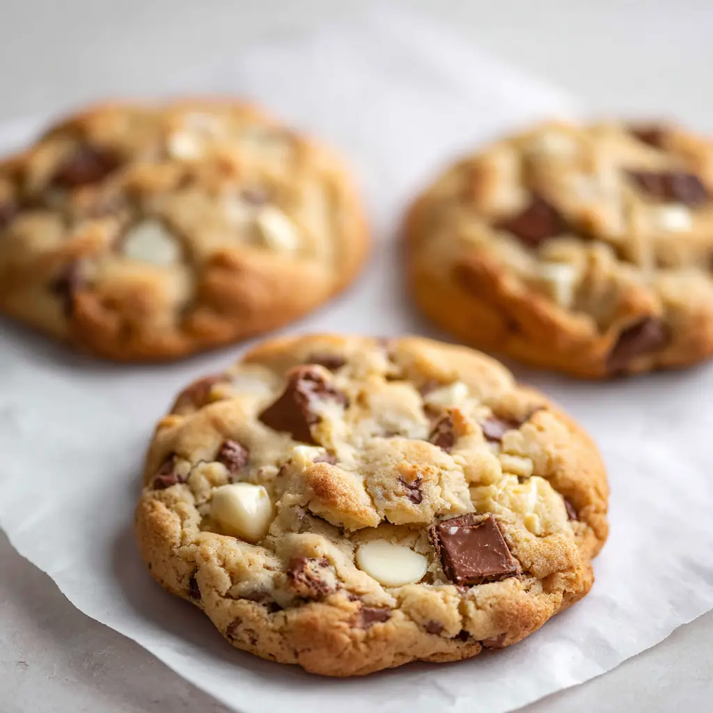 Bakery-Style Chocolate Chip Cookies with Milk and White Chocolate Chunks 1 A stack of thick chocolate chip cookies with white chocolate chips and milk chocolate chunks on parchment.
