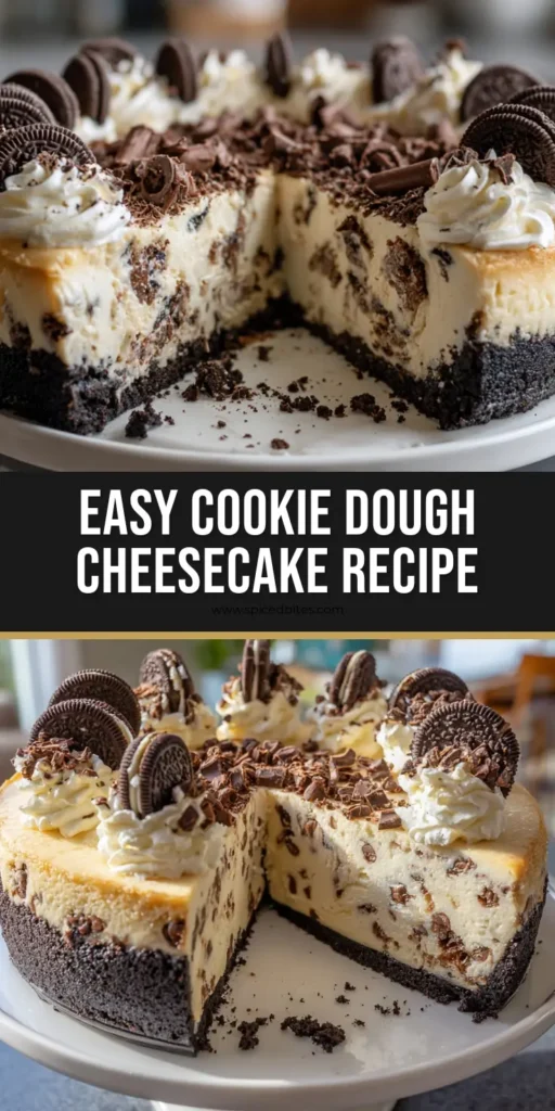 Cookie Dough Cheesecake: The Ultimate Loaded Dessert Experience 4 A tall, creamy Cookie Dough Cheesecake with a dark chocolate crust, topped with whipped cream rosettes and chocolate shavings.