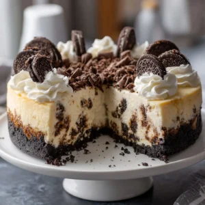 Cookie Dough Cheesecake: The Ultimate Loaded Dessert Experience 3 A whole Cookie Dough Cheesecake on a white stand with one slice removed, revealing the chocolate chip dough interior.