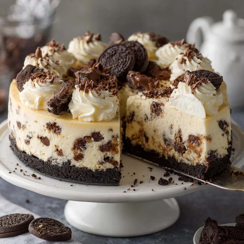 Cookie Dough Cheesecake: The Ultimate Loaded Dessert Experience 1 Close up shot of Cookie Dough Cheesecake garnishes: whipped cream rosettes, chocolate buttons, and shavings.