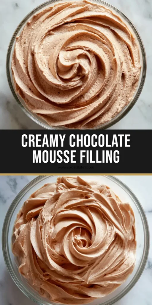 Chocolate Mousse Filling: The Ultimate Stabilized Recipe for Cakes and Pastries 4 An overhead, eye-level shot of a clear glass bowl filled with thick, creamy, light-brown Chocolate Mousse Filling swirled into a rosette.
