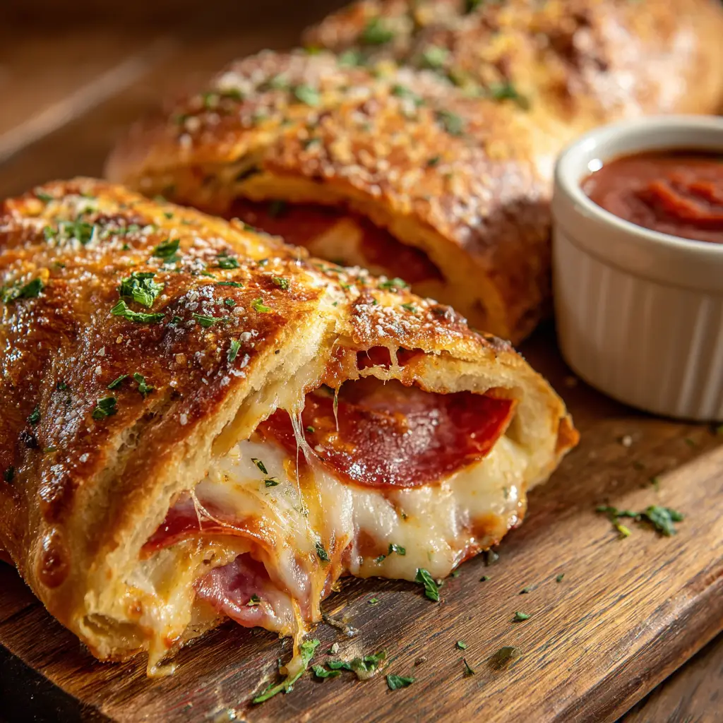 Inside view of an Italian Stromboli showing cheese pull, salami, and pepperoni.