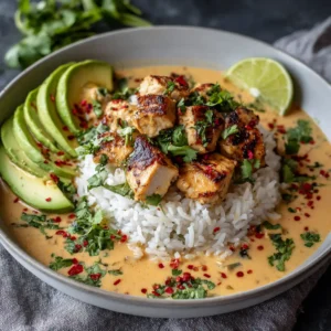 Close-up eye-level shot of a Coconut Chicken Rice Bowl showing charred chicken edges and creamy orange coconut sauce.