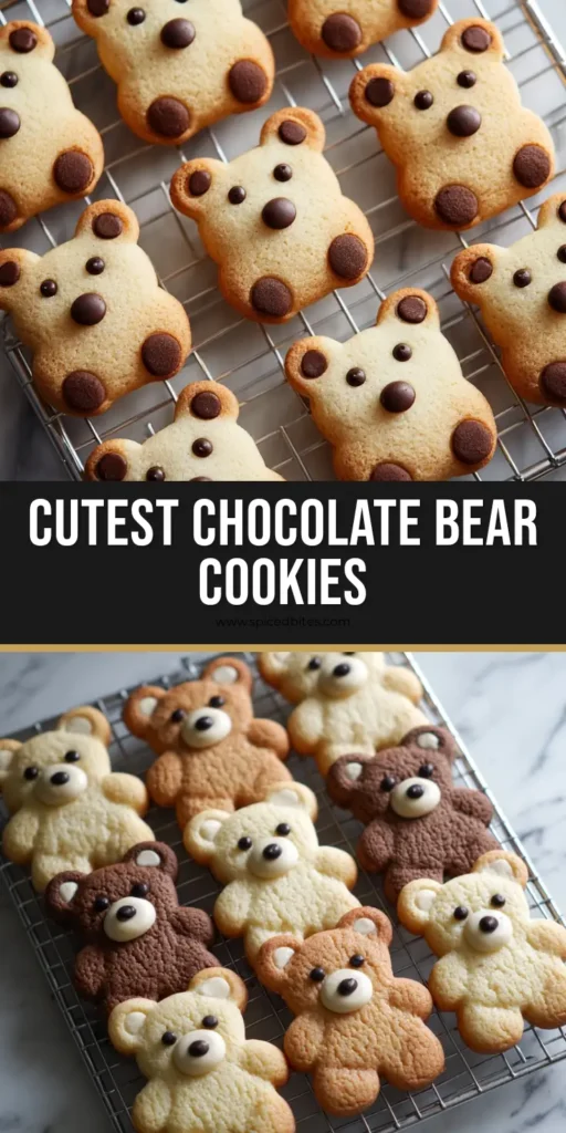 Chocolate Chip Bear Cookies: How to Bake the Adorable Golden-Brown Classics 4 A close-up shot of several golden-brown, bear-shaped Chocolate Chip Bear Cookies on a silver cooling rack with dark chocolate eyes and noses.